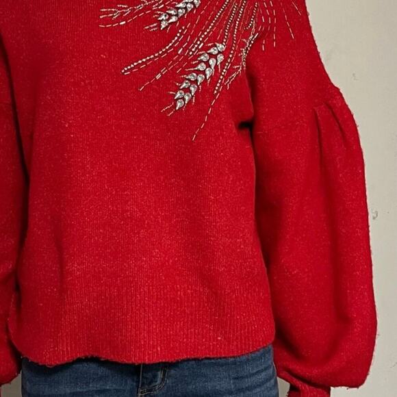 Broadway 38 Vintage Red Rhinestone Embellished Puff Sleeve Sweater Size Large - Picture 5 of 9
